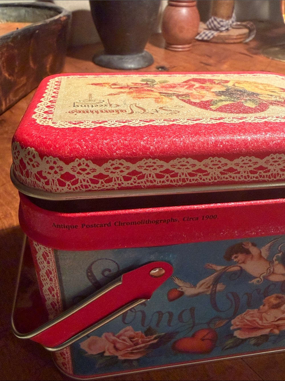 Valentine Double-Handled Vintage Tin - Cherubs Bristol Ware, 1984 Chein - Picture 9 of 9